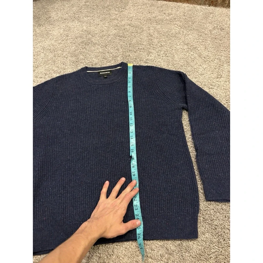 Bonobos Sweater Men Medium Blue Merino Wool Tight Knit Ribbed Hem Crew Neck Cozy